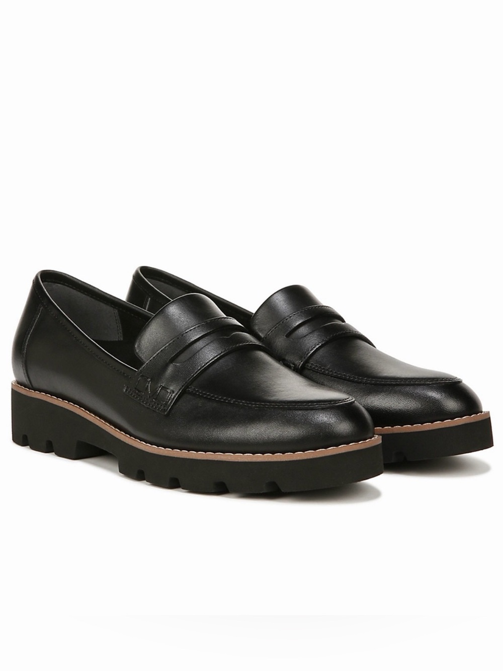 Vionic Womens Black Leather Penny Loafers with Lug Sole